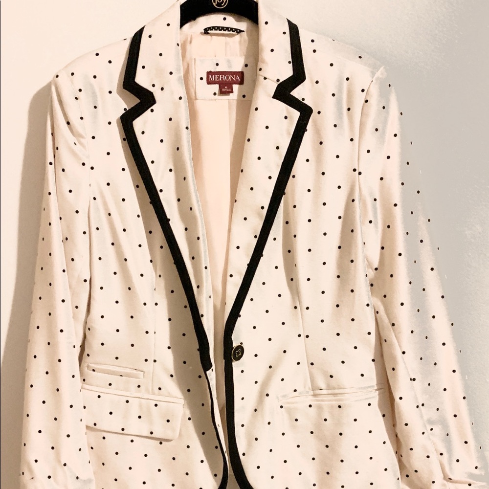 White blazer with black polka dots